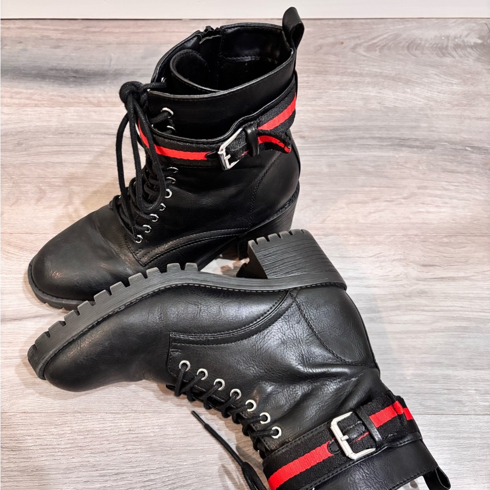 Black Combat Boots with Red Stripes